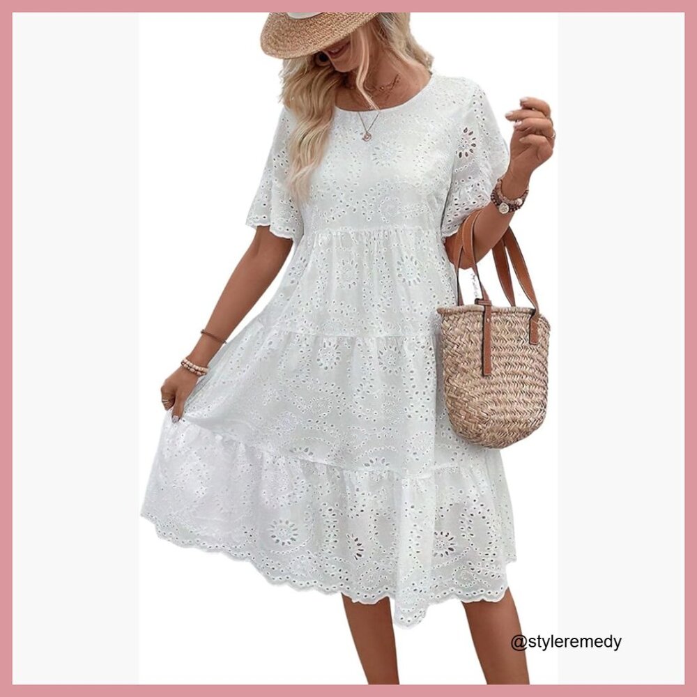 Lace Eyelet Short Sleeve Tiered Midi Babydoll Dress Ruffle Hem